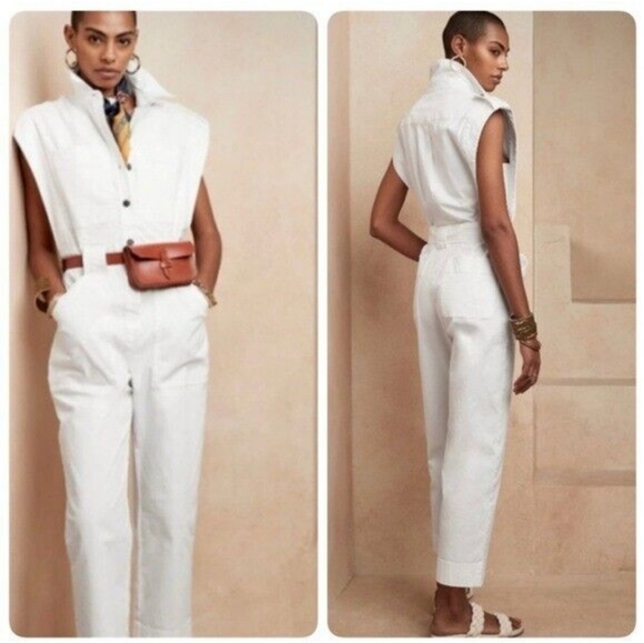 Banana Republic Petite Utility Jumpsuit Romper White‎ Sleeveless Crop Onesie - Picture 2 of 12